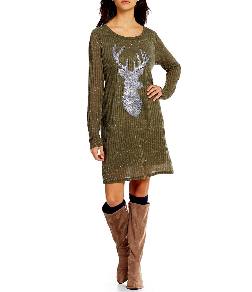 Pink Owl Sequin Deer Applique Long Sleeve Shift Dress