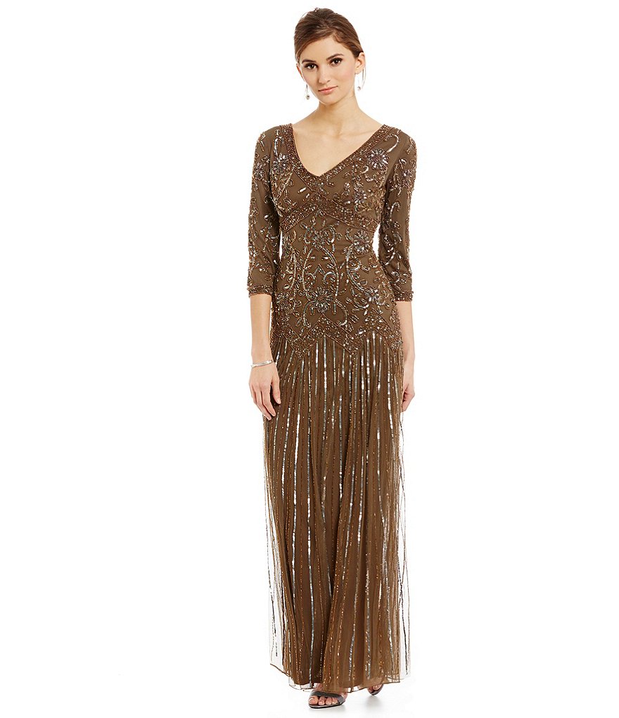 Pisarro Nights 3/4-Sleeve Beaded Gown