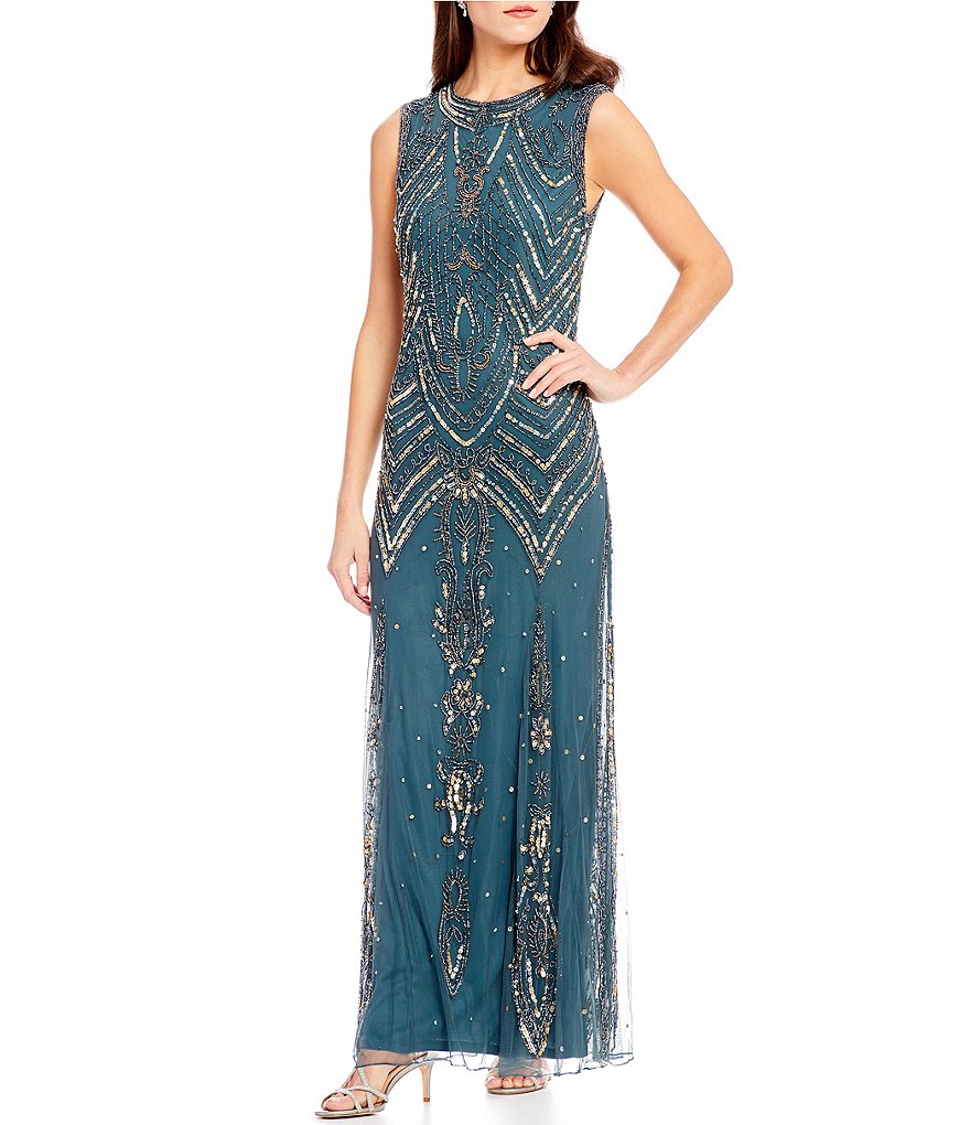 Pisarro Nights Bateua Neck Cap Sleeve Beaded Gown