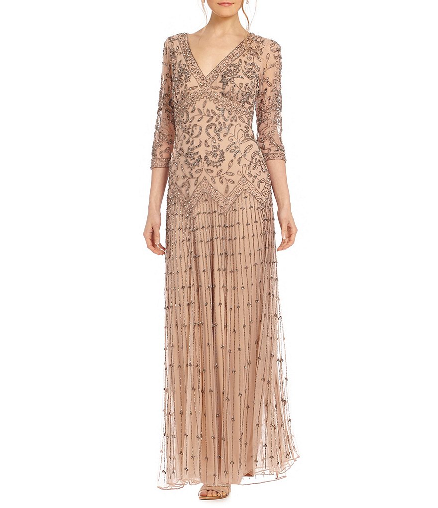 Pisarro Nights Floral-Beaded Drop-Waist Gown