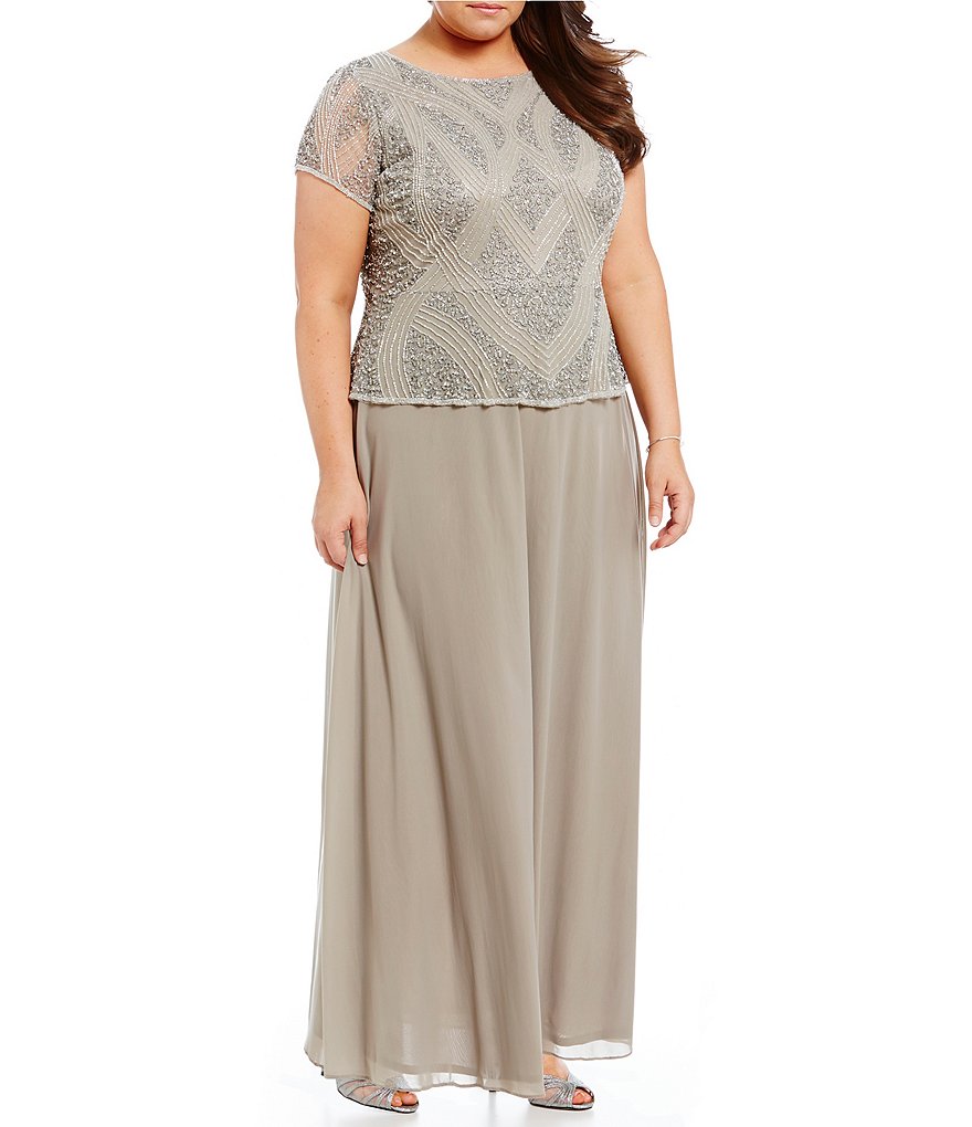 Pisarro Nights Plus Beaded Peplum Mock Gown