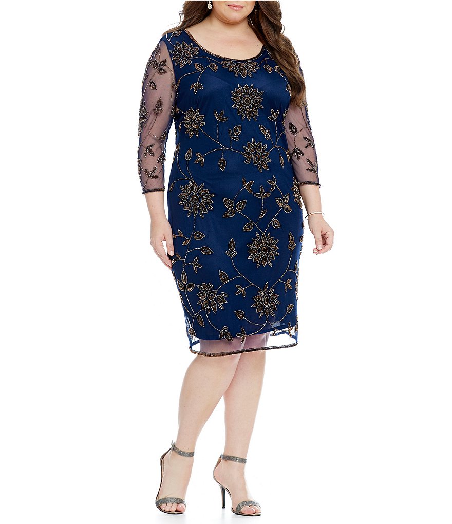 Pisarro Nights Plus Floral-Beaded Sheath Dress