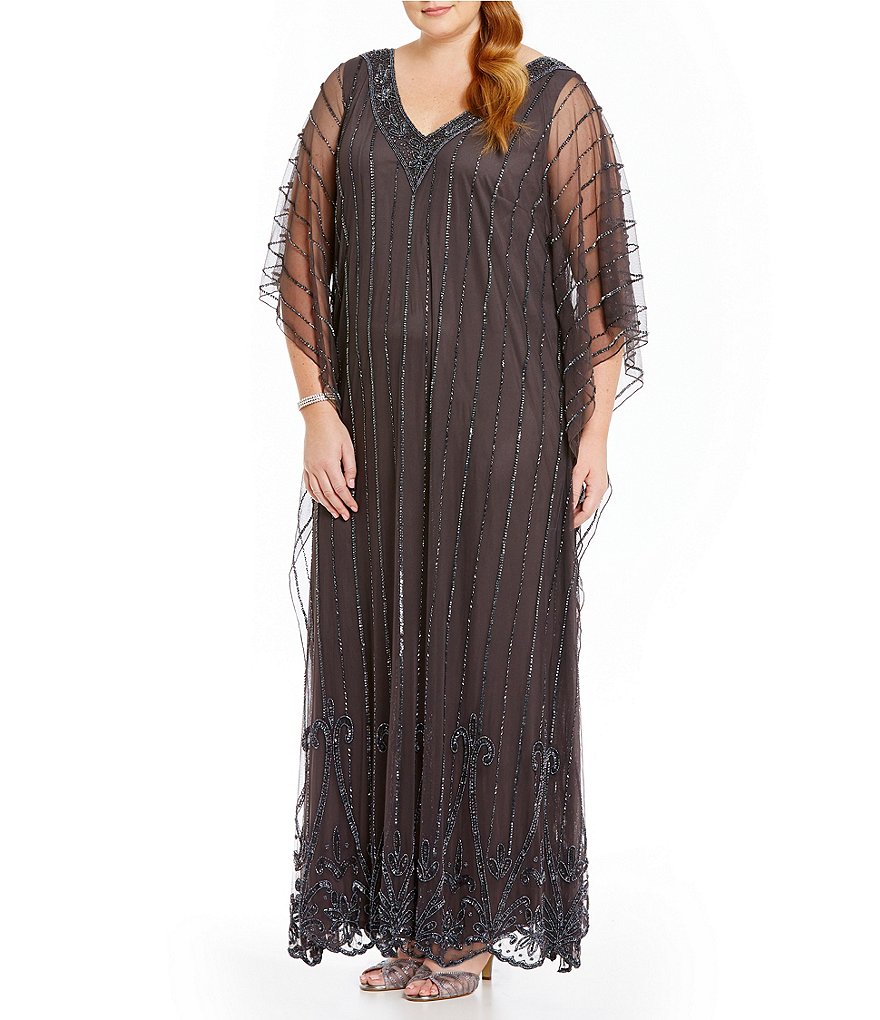 Pisarro Nights Plus V-Neck Beaded Caftan Gown
