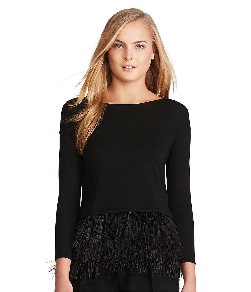 Polo Ralph Lauren Crew Neck 3/4 Sleeve Feather-Trimmed Sweater