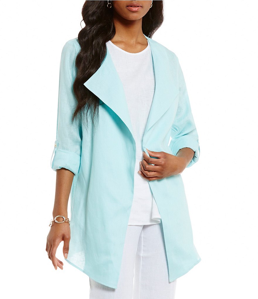 Preston & York Candice Linen Draped Neck Roll-Tab Sleeve Linen Jacket