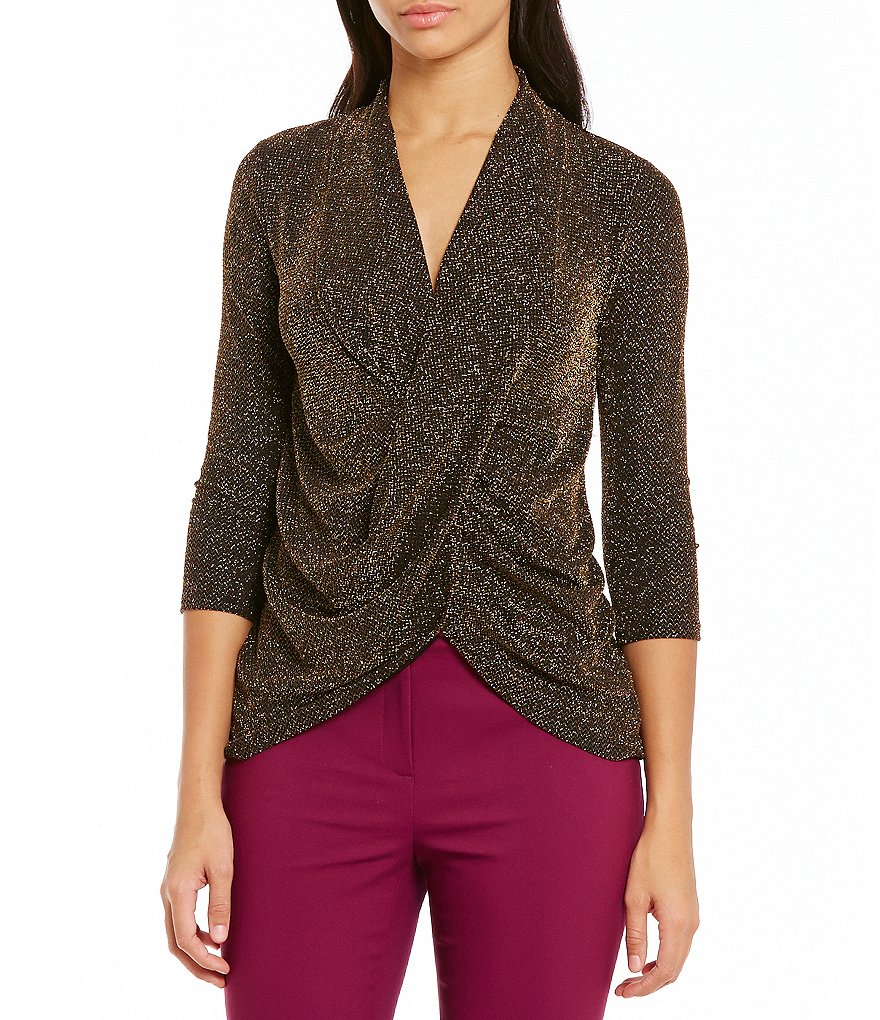 Preston & York Ingrid Drape Front 3/4 Sleeve Lurex Top