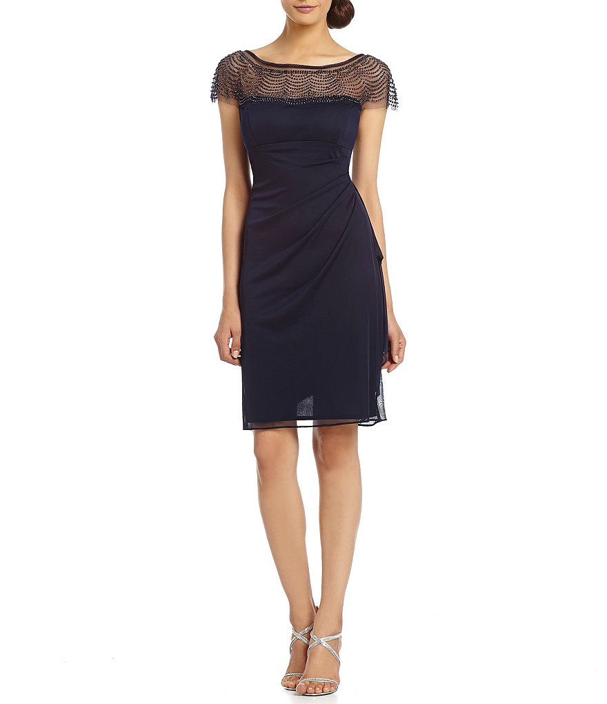 R & M Richards Beaded-Yoke Chiffon Dress