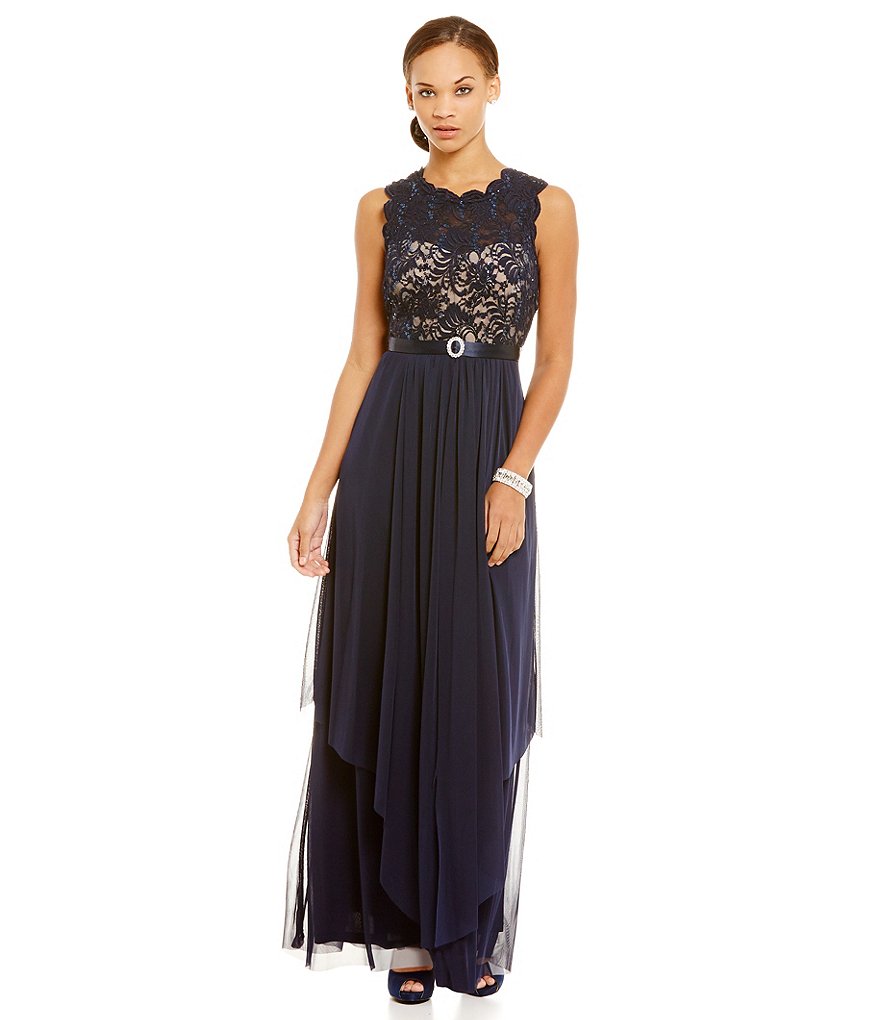 R & M Richards Belted Lace Chiffon A-line Gown