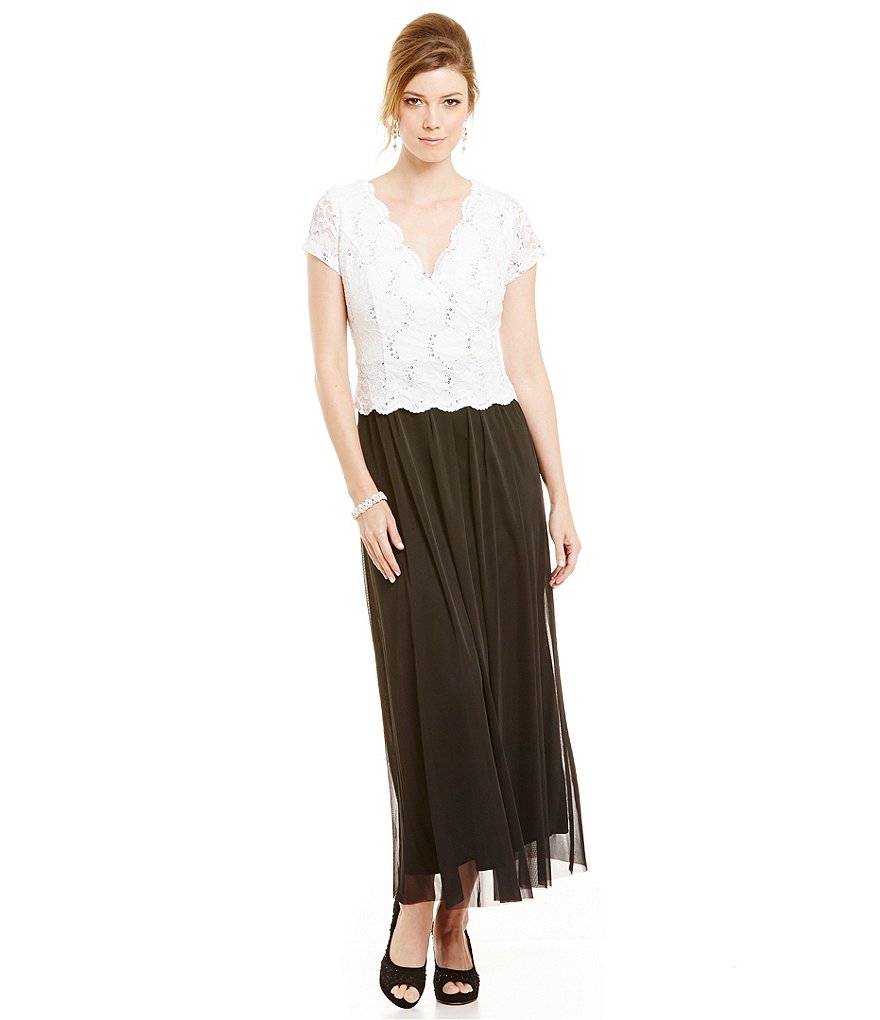 R & M Richards Lace Matte Chiffon V-Neck Gown