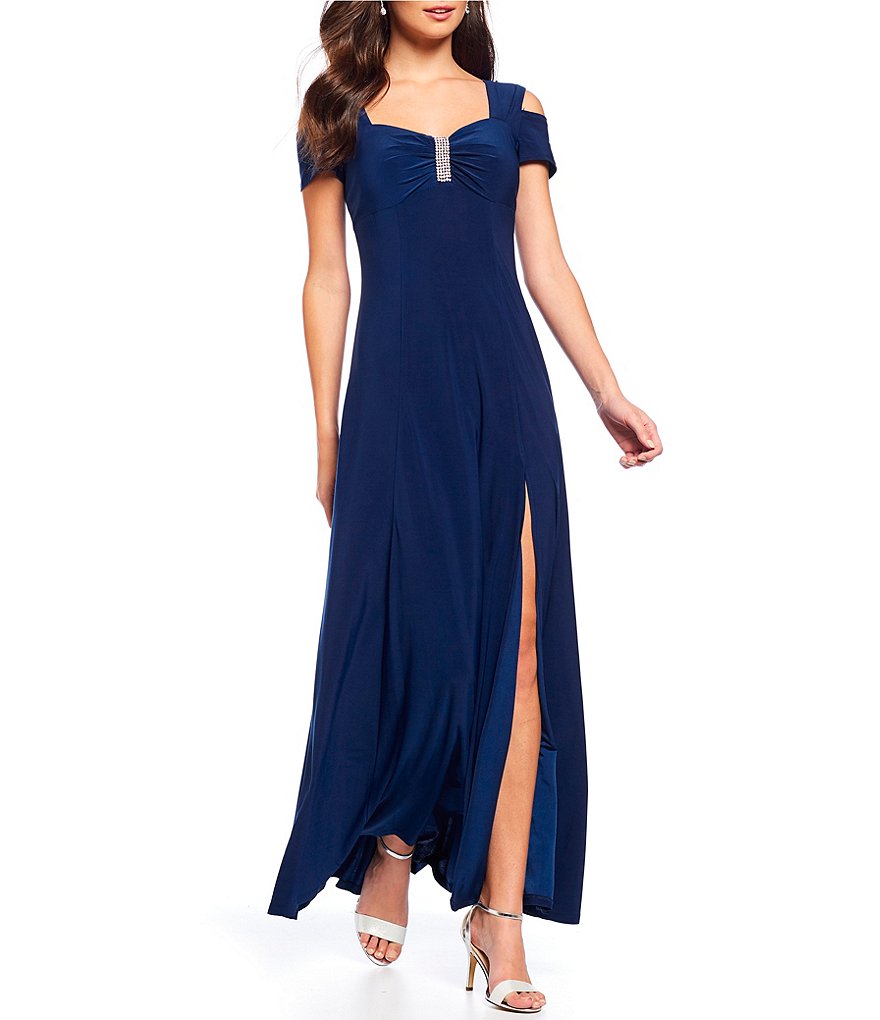 R & M Richards Rhinestone-Trim Cold-Shoulder Matte Jersey Gown