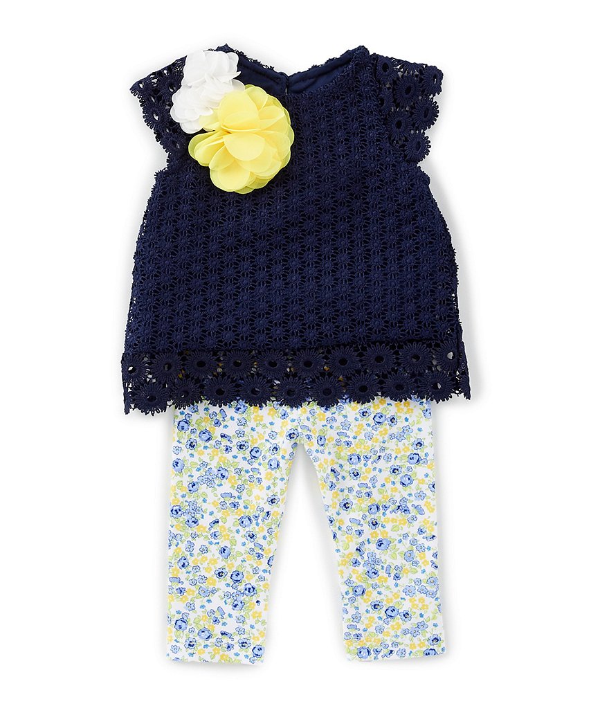 Rare Editions Baby Girls 3-24 Months Eyelet-Lace-Trimmed Top & Printed Legging Set