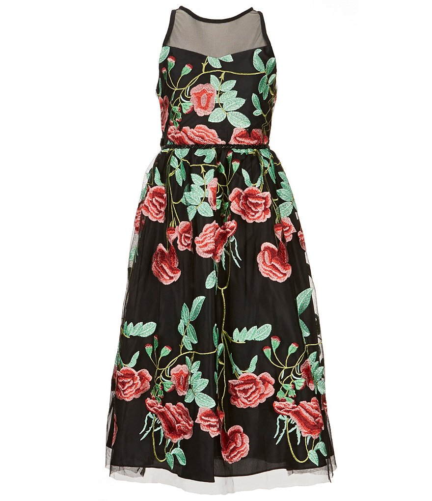 Rare Editions Big Girls 7-16 Illusion Neckline Floral Embroidery Long Dress