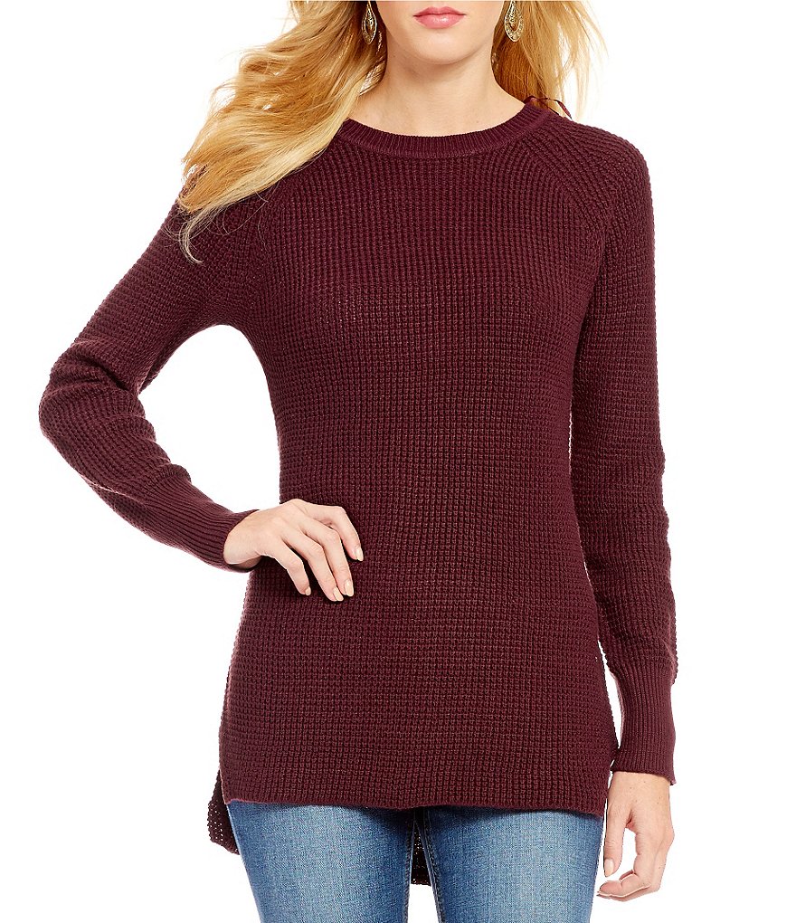 RD Style Crew Neck Raglan Sleeve Hi-Low Hem Solid Tunic Sweater