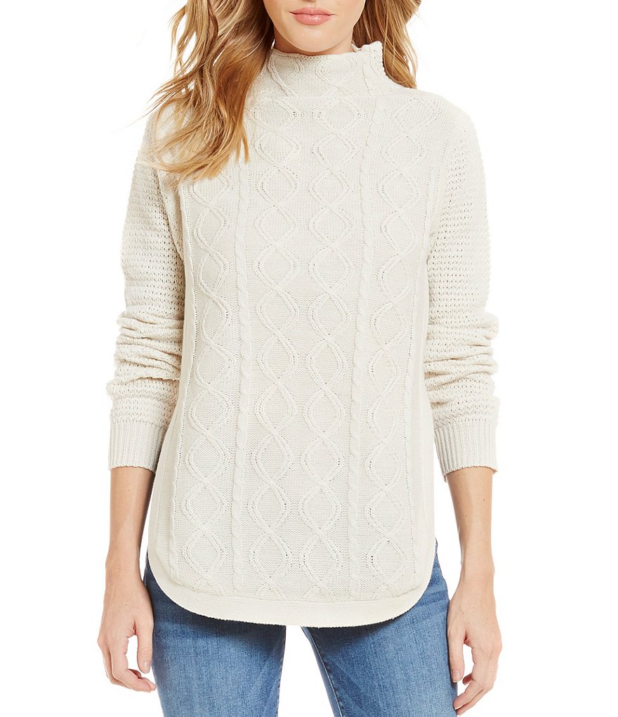 RD Style Funnel Neck Long Sleeve Solid Cable Knit Sweater