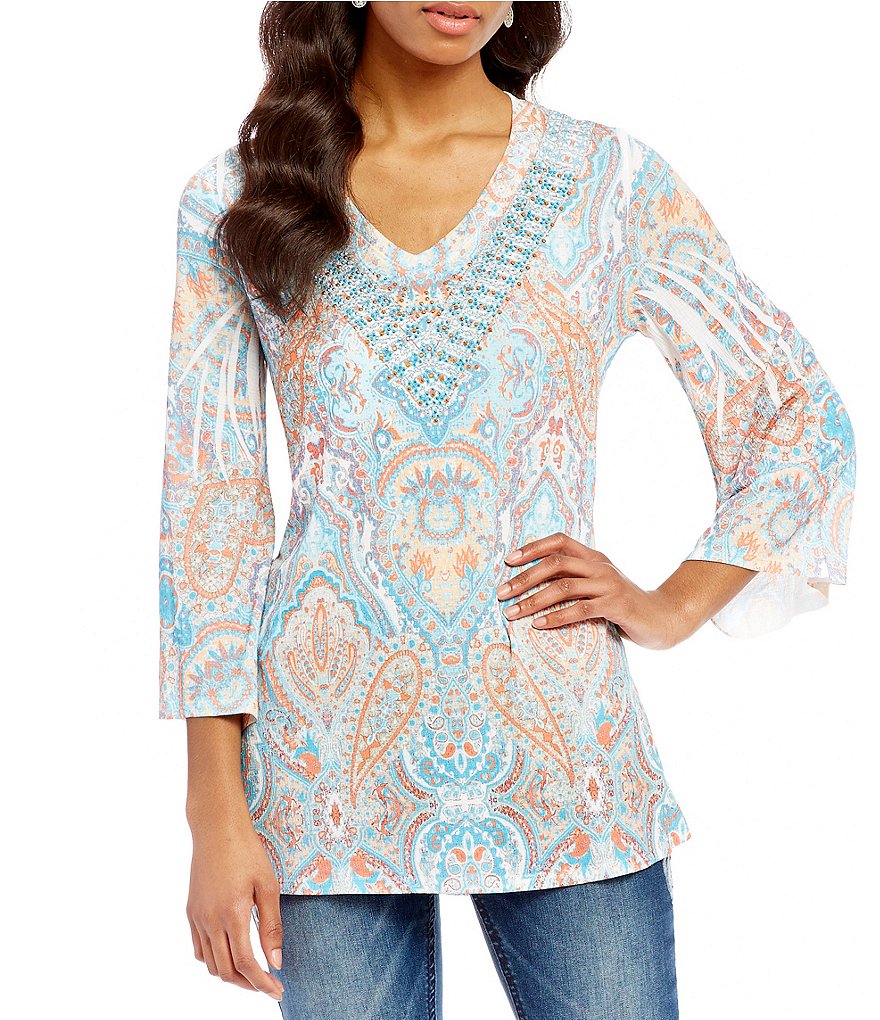 Reba Embellished Paisley Print Bell Sleeve Tunic
