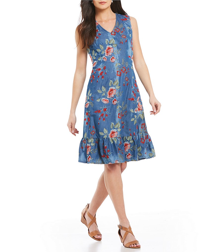 Reba Floral Embroidered Denim Dress
