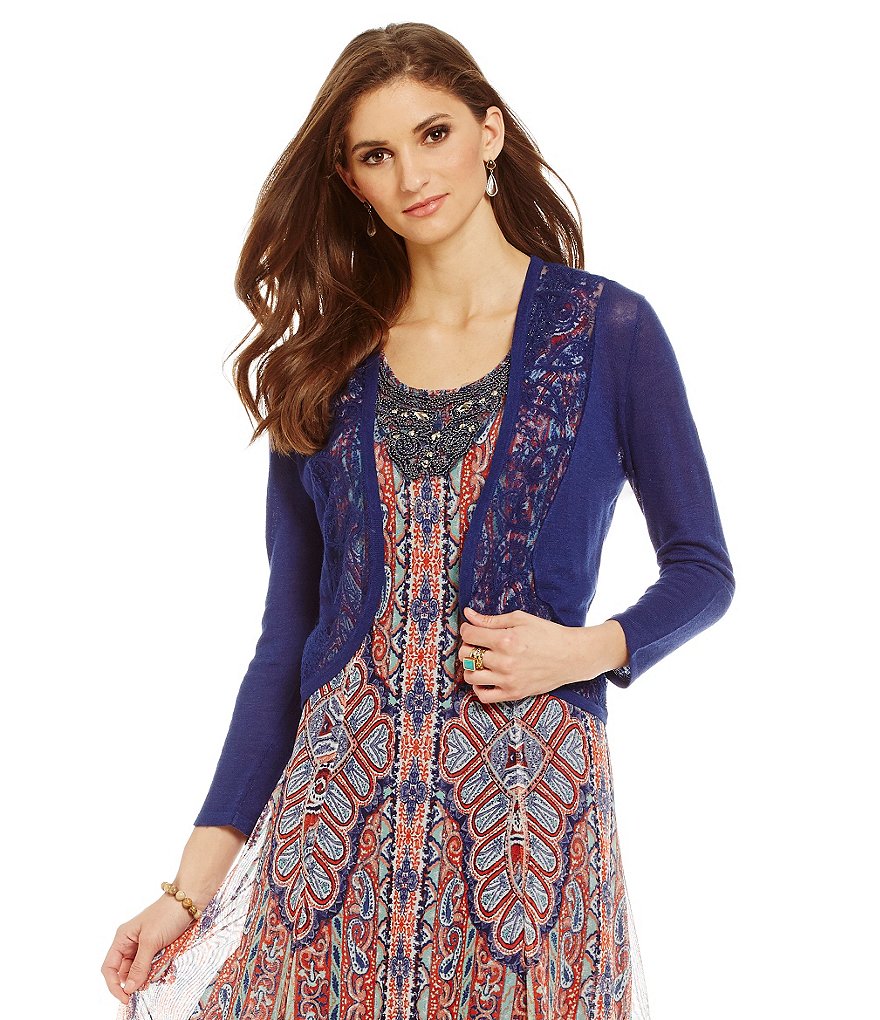 Reba New Horizons Giovanna Embroidered Inset-Lace Cardigan