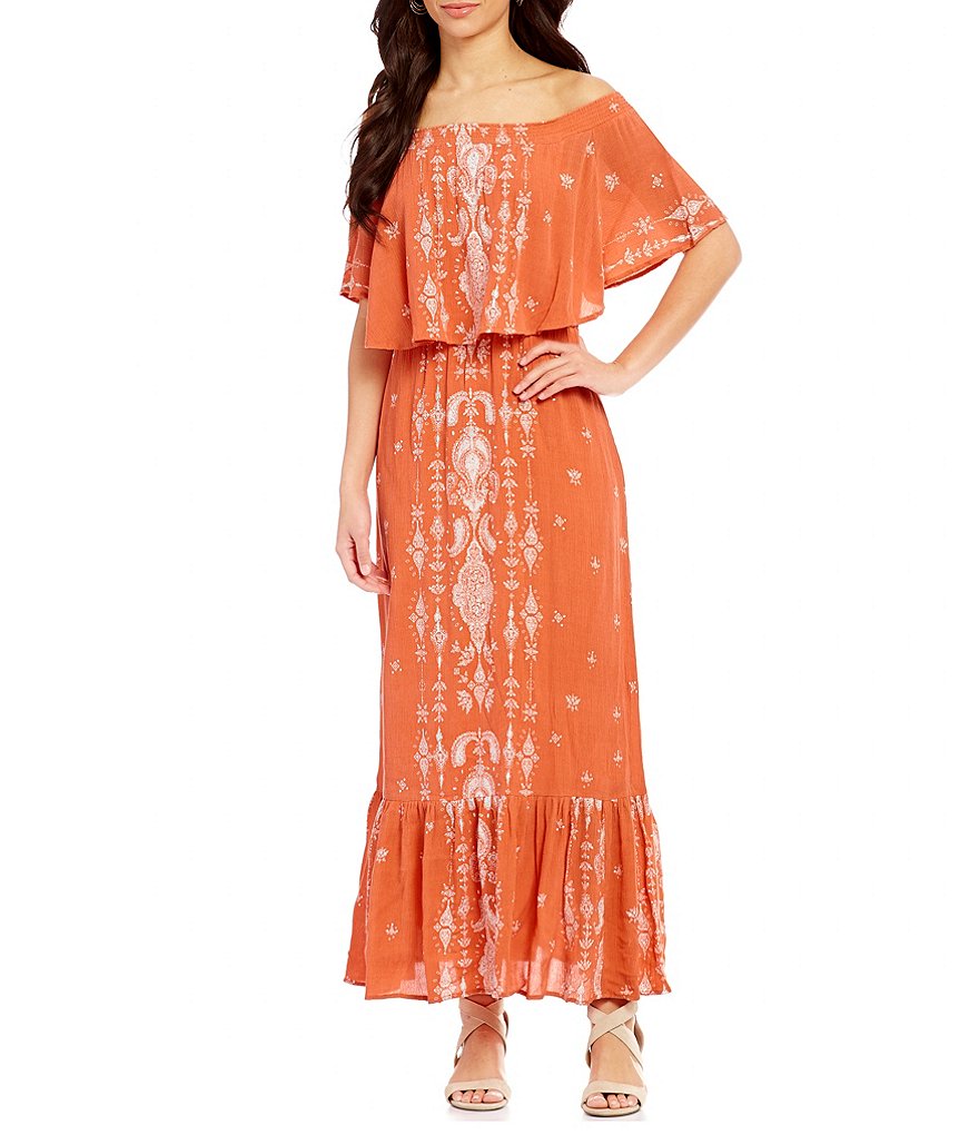 Reba On/Off-The-Shoulder Maxi Ruffle Hem Dress