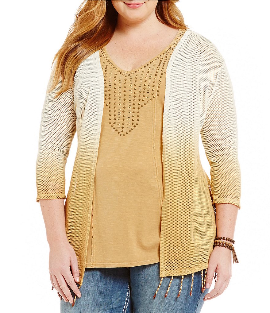 Reba Plus Mesh Fringe Hem Cardigan