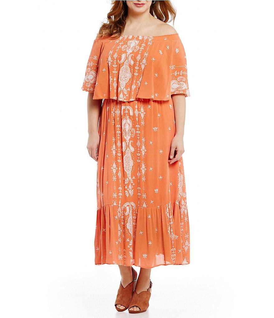 Reba Plus On/Off-The-Shoulder Maxi Ruffle Hem Dress