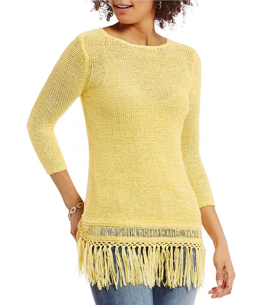 Reba Round Neck 3/4 Sleeve Solid Fringe Sweater