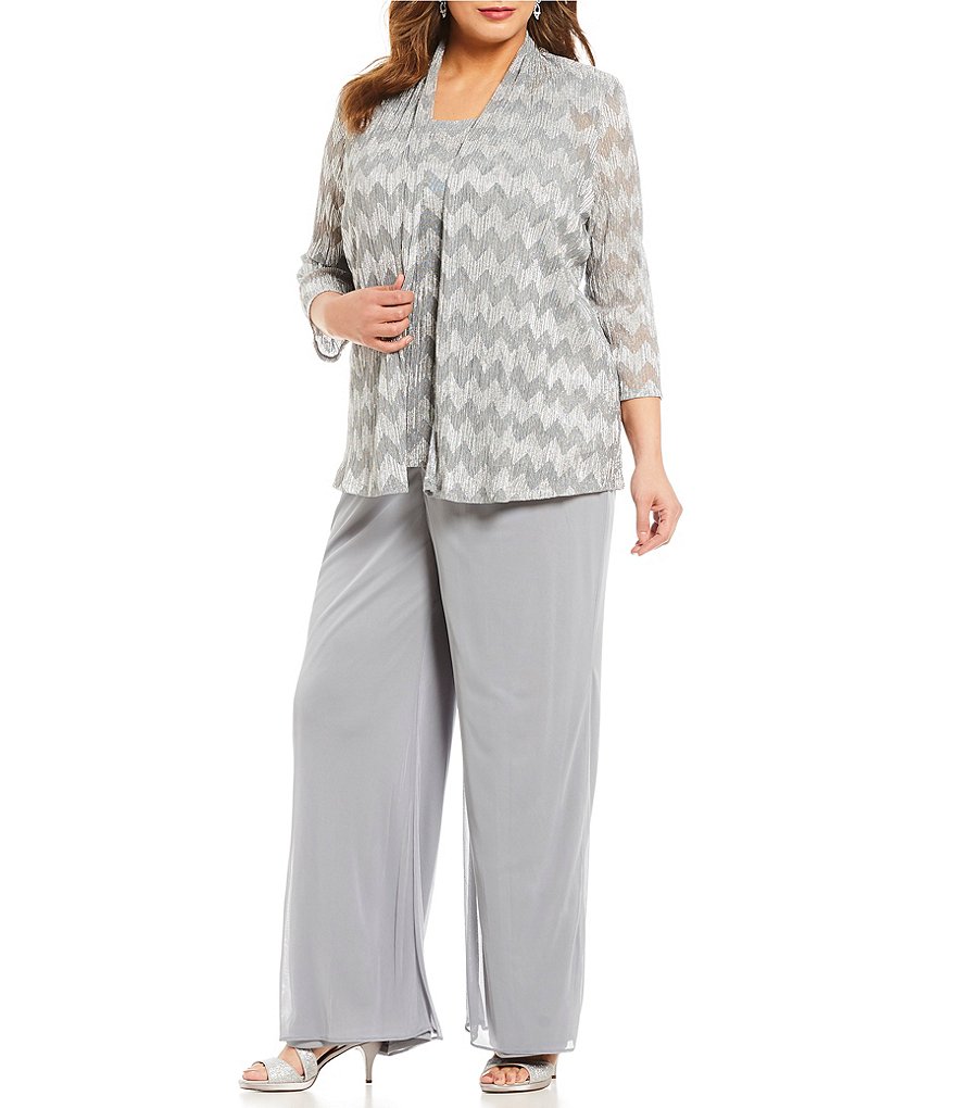R&M Richards Plus Mock 3-Piece Chevron-Print Pant Set