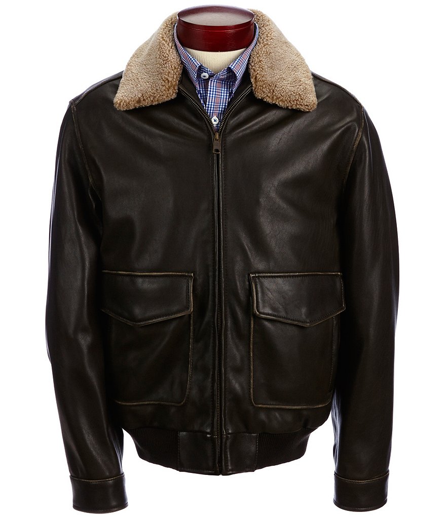 Roundtree & Yorke Pilot Lambskin Leather with Faux-Sherpa Collar Bomber Jacket