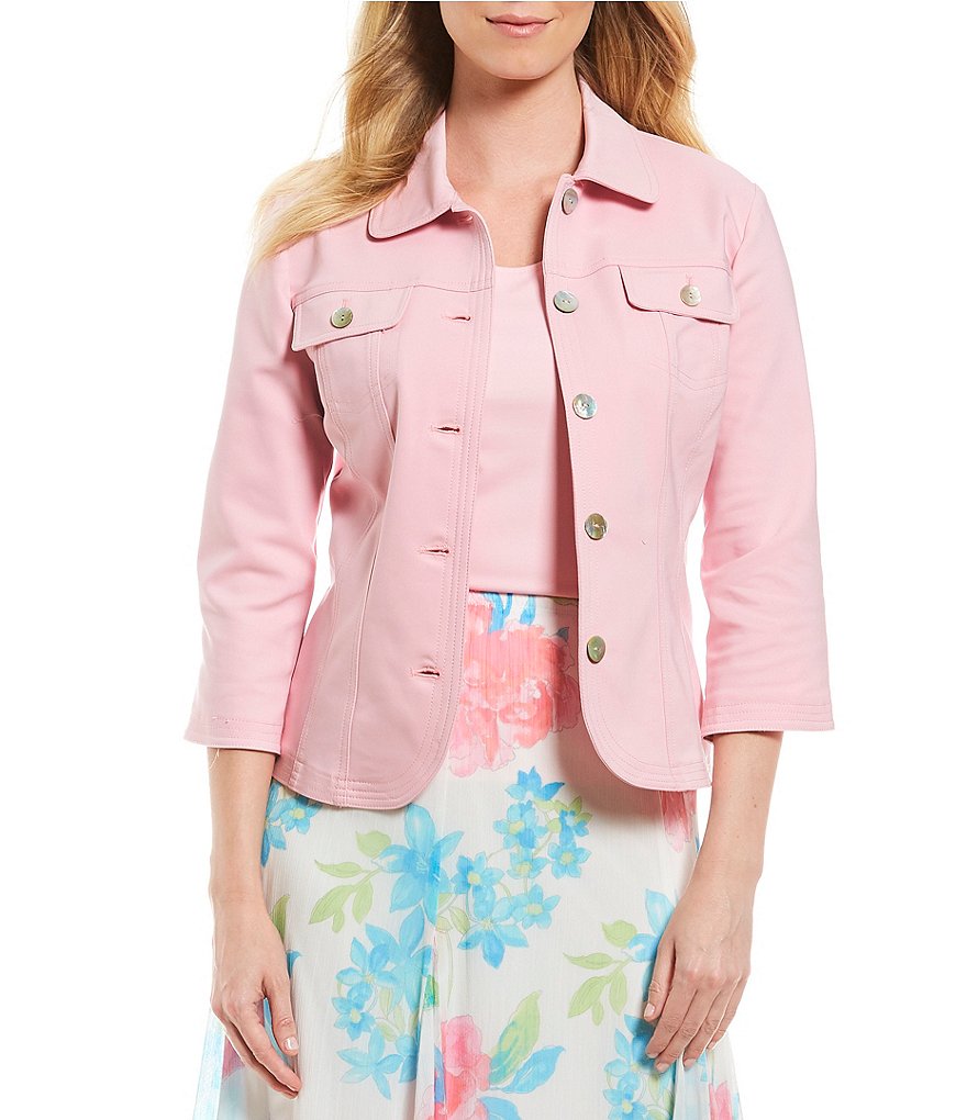 Ruby Rd. 3/4 Sleeve Button Front Double Face Stretch Solid Jacket