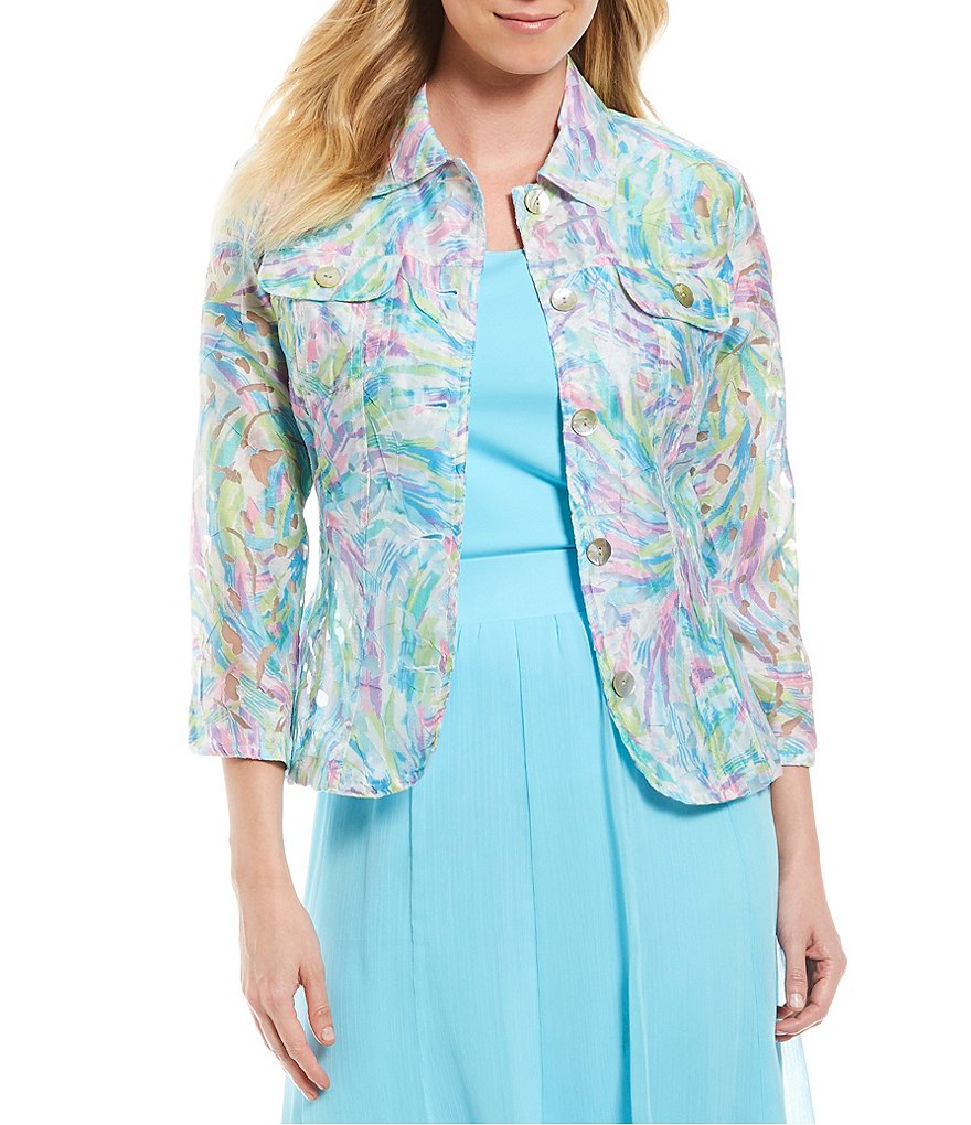 Ruby Rd. 3/4 Sleeve Button Front Paint Splash Print Crinkle Burnout Jacket