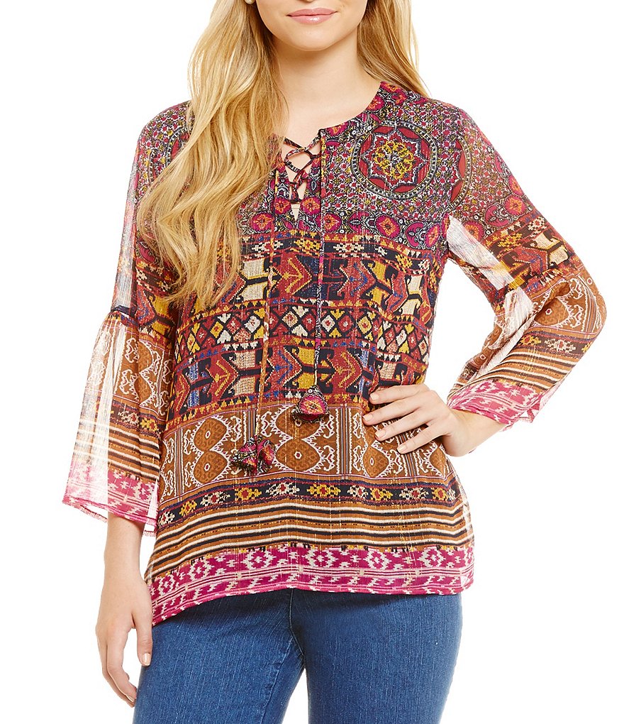 Ruby Rd. Bell Sleeve Mixed Print Peasant Top