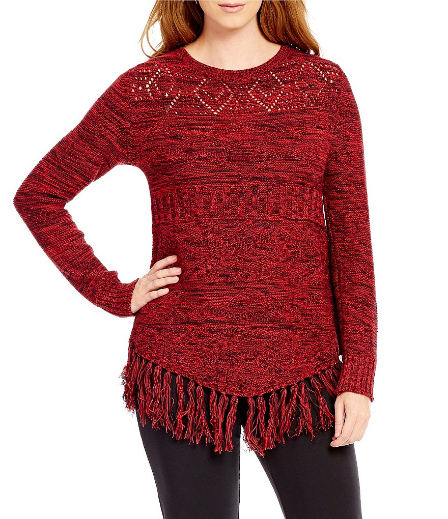 Ruby Rd. Boat Neck Marled Tribal Stitch Fringe Hem Pull-Over Sweater
