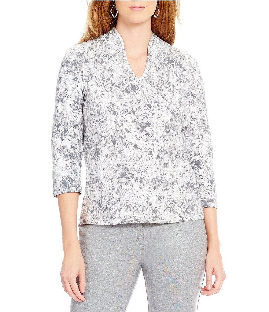 Ruby Rd. Embellished Funnel-Neck Scroll Melanage Print Knit Top