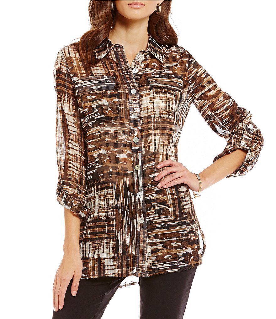Ruby Rd. Petite Button Down Satin Clip Jacquard Chiffon Shirt