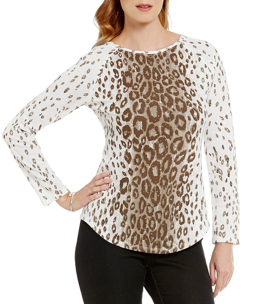 Ruby Rd. Petite Embellished Ballet-Neck Printed Thermal Jersey Top