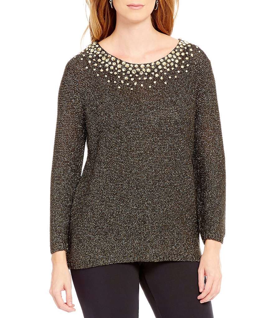 Ruby Rd. Petite Embellished Scoop Neck Metallic Tape Pull-Over Sweater