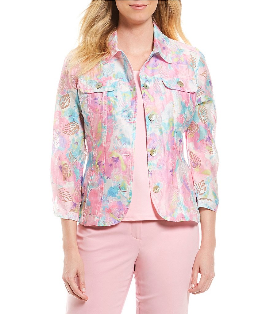 Ruby Rd. Petites 3/4 Sleeve Button Front Peony Garden Print Crinkle Burnout Jacket