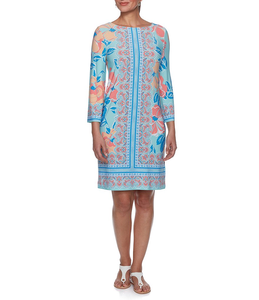 Ruby Rd. Petites 3/4 Sleeve Pansy Paisley Placement Print Knit Dress