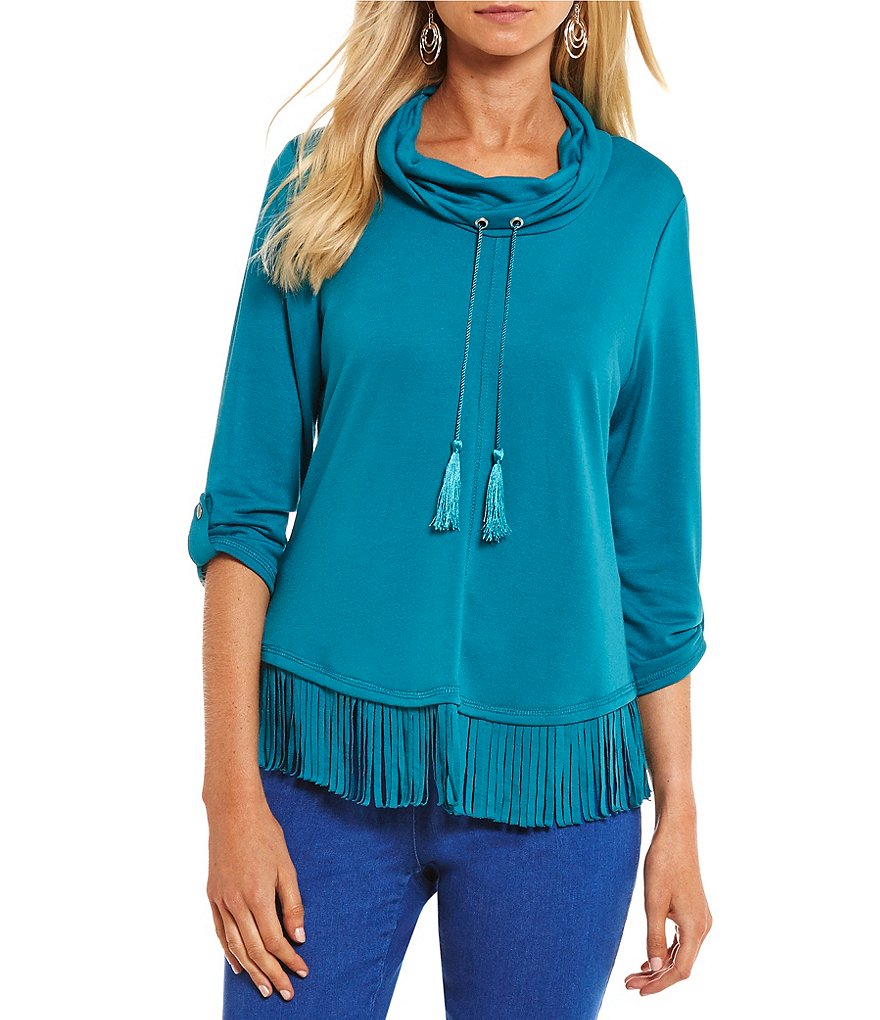 Ruby Rd. Petites Drawstring Cowl-Neck Fringe Hem Silky French Terry Pullover