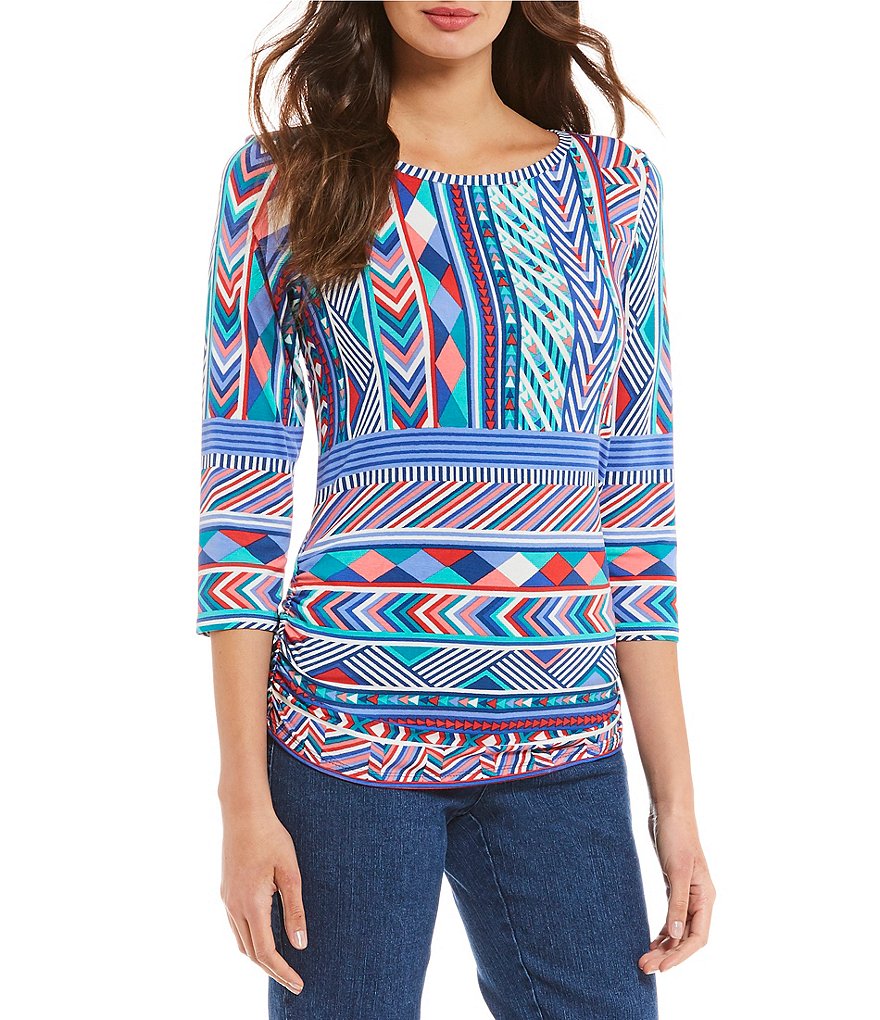 Ruby Rd. Petites Embellished Scoop Neck Geo Border Print Knit Top