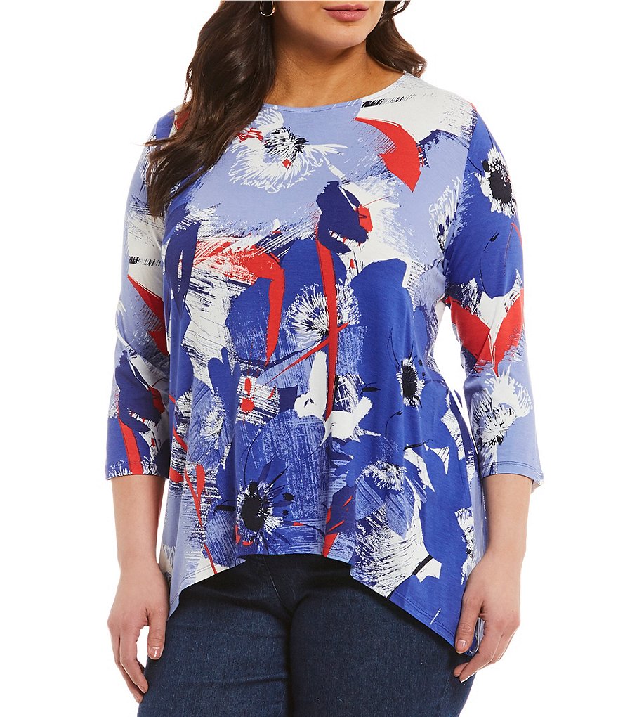 Ruby Rd. Plus 3/4 Sleeve Abstract Brushstroke Floral Print Knit Top