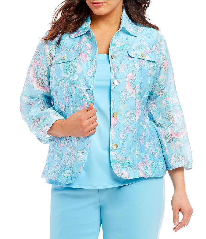 Ruby Rd. Plus 3/4 Sleeve Button Front Floral Print Crinkle Burnout Jacket