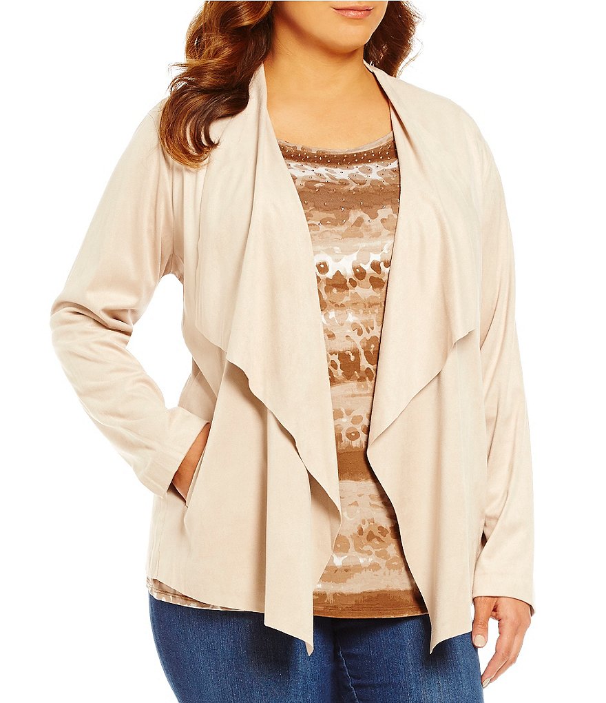 Ruby Rd. Plus Cascade Collar Open Front Faux-Suede Jacket
