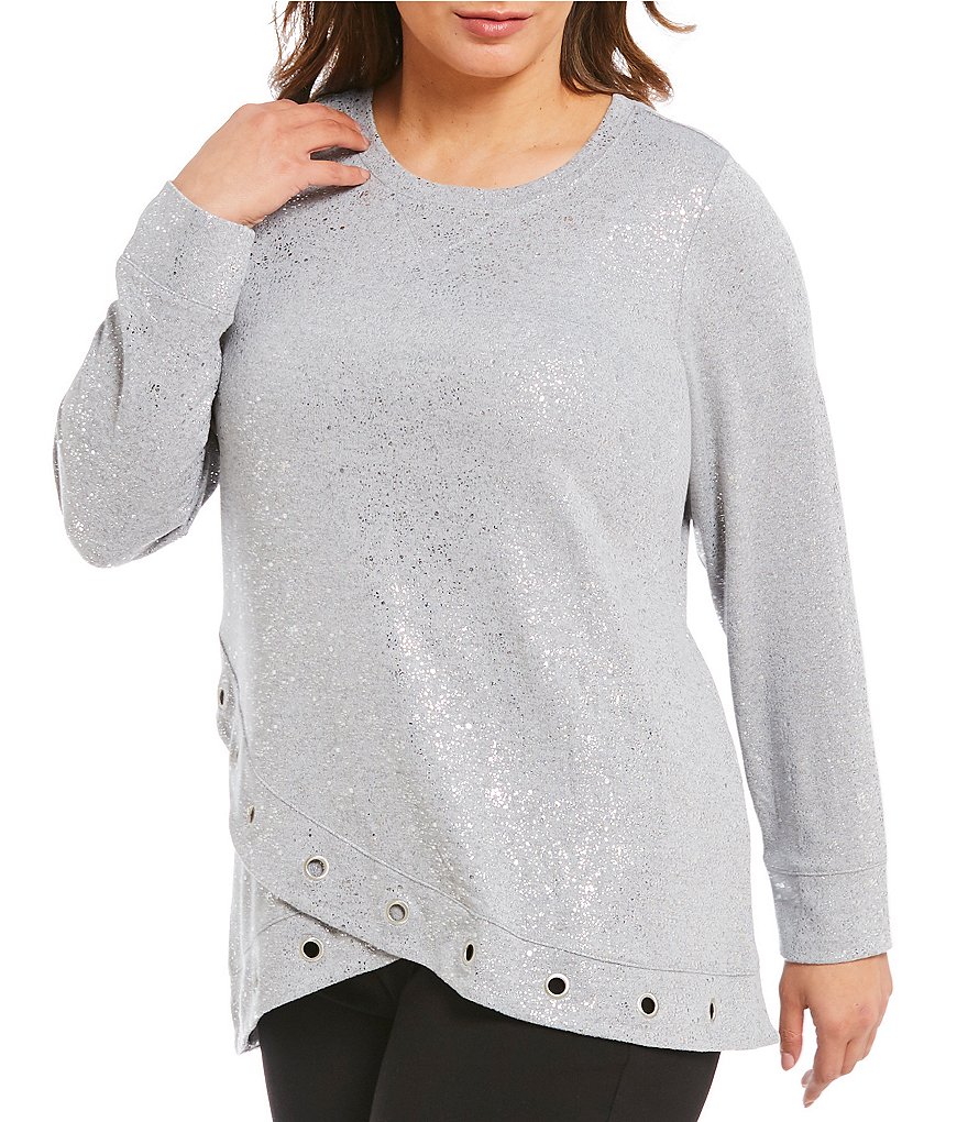Ruby Rd. Plus Embellished Hem Foil Print Heatehr Hatchi Pullover