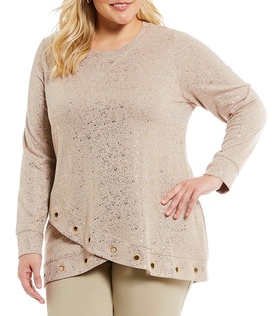 Ruby Rd. Plus Embellished Hem Foil Print Heather Hatchi Pullover
