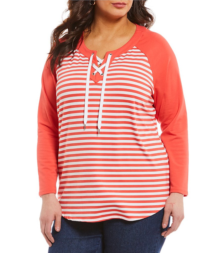 Ruby Rd. Plus Lace-Up Stripe Tunic