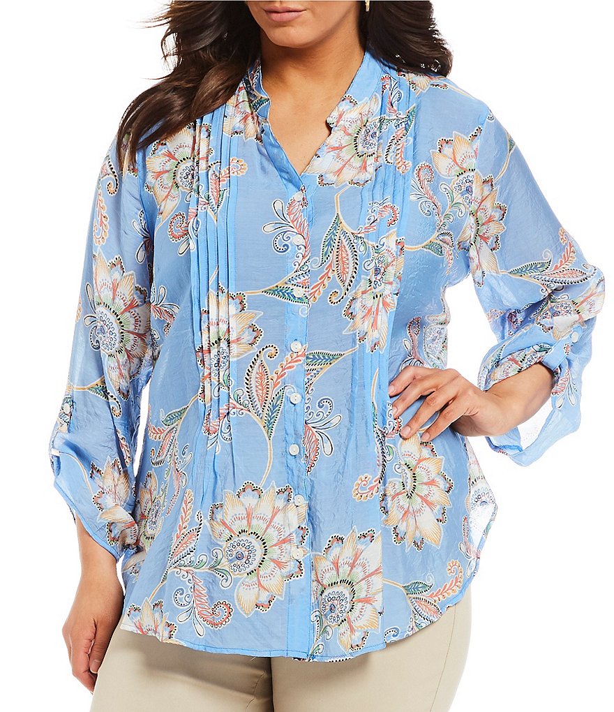 Ruby Rd. Plus Stand Collar Garden Print Gauze Pintuck Top