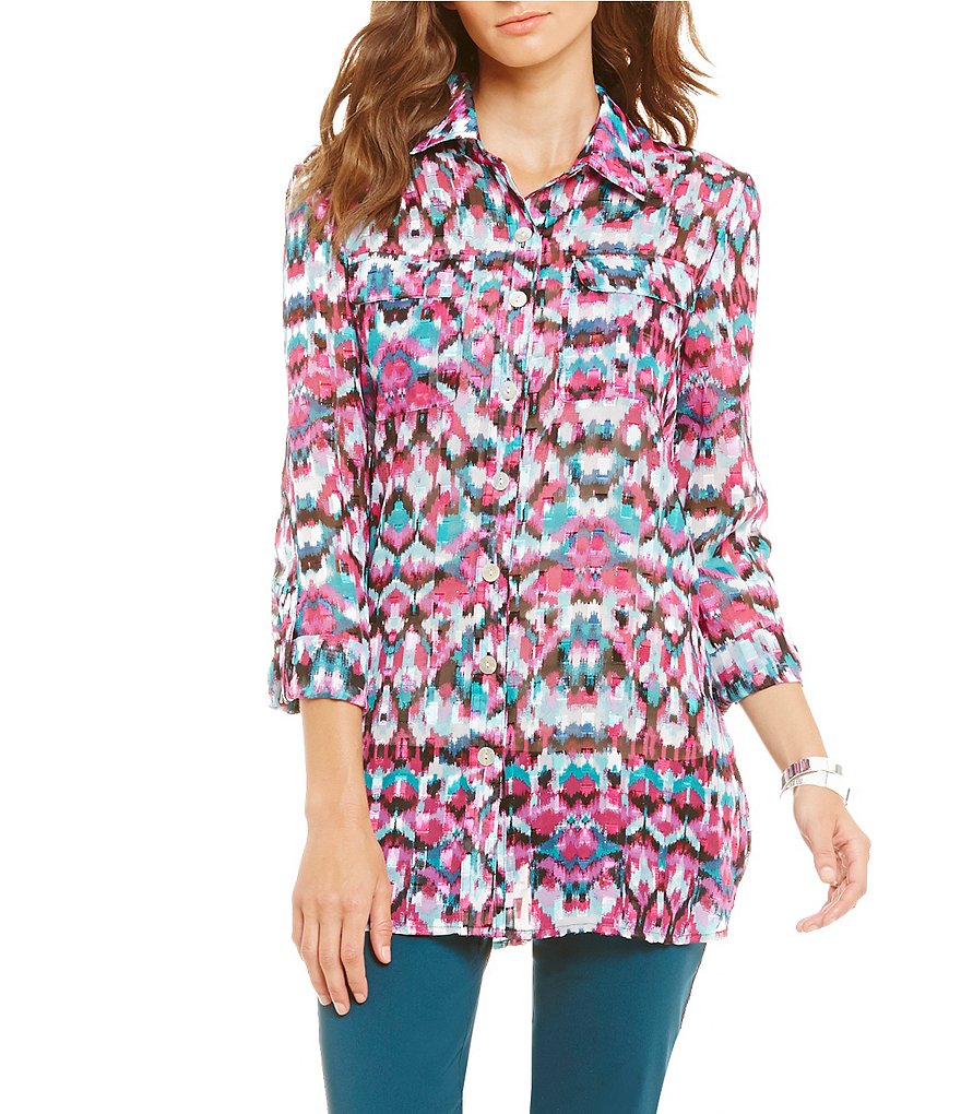 Ruby Rd. Woven Ikat 3/4 Sleeve Collared Tunic Shirt