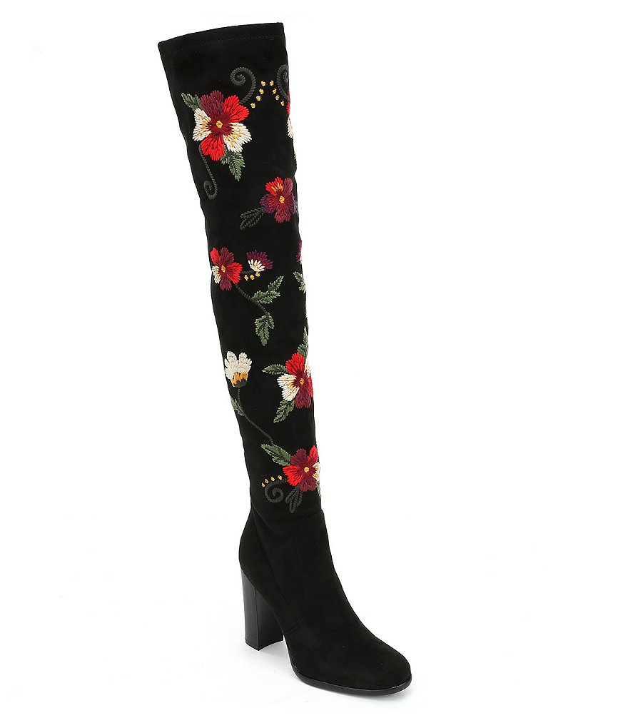 Sam Edelman Vena Stretch Suede Embroidered Floral Over The Knee Boots