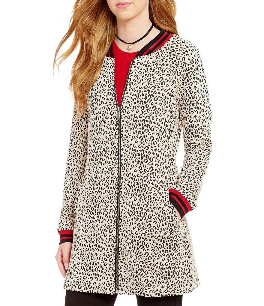 Sanctuary Ribbed Collar Zip Front Leopard Print City Coat