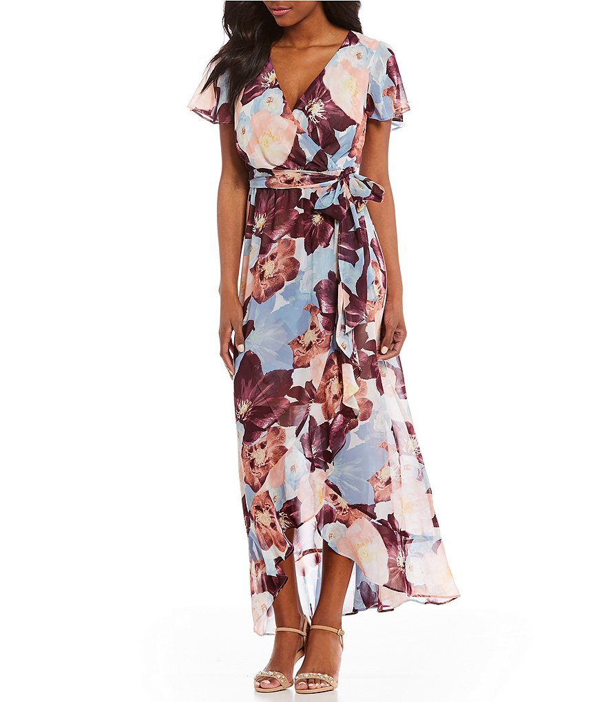 Sangria Floral Print Faux Wrap Style Maxi Dress